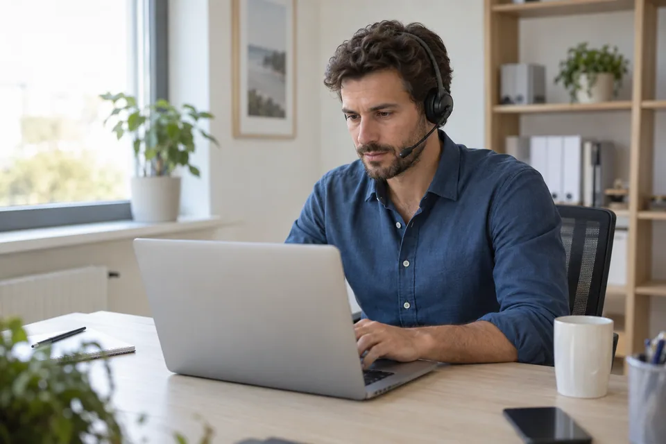 Consulente con cuffia al computer durante un intervento di assistenza da remoto