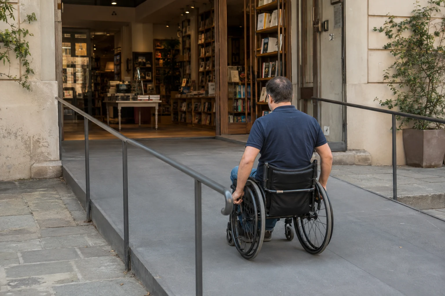 Una persona in sedia a rotelle percorre una rampa con corrimano verso l'ingresso aperto di una libreria.