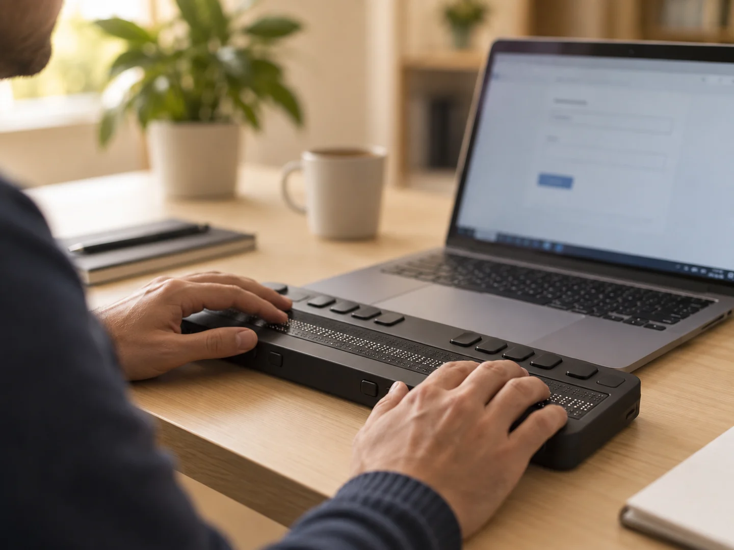 Persona che utilizza un display braille e un portatile per consultare una pagina web.