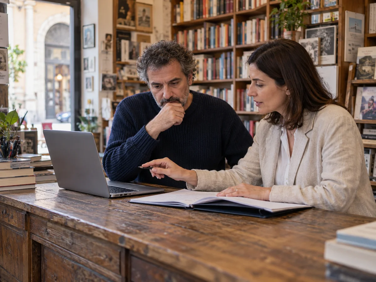 Titolare di una libreria e consulente esaminano un portatile e una cartellina su un lungo banco di legno