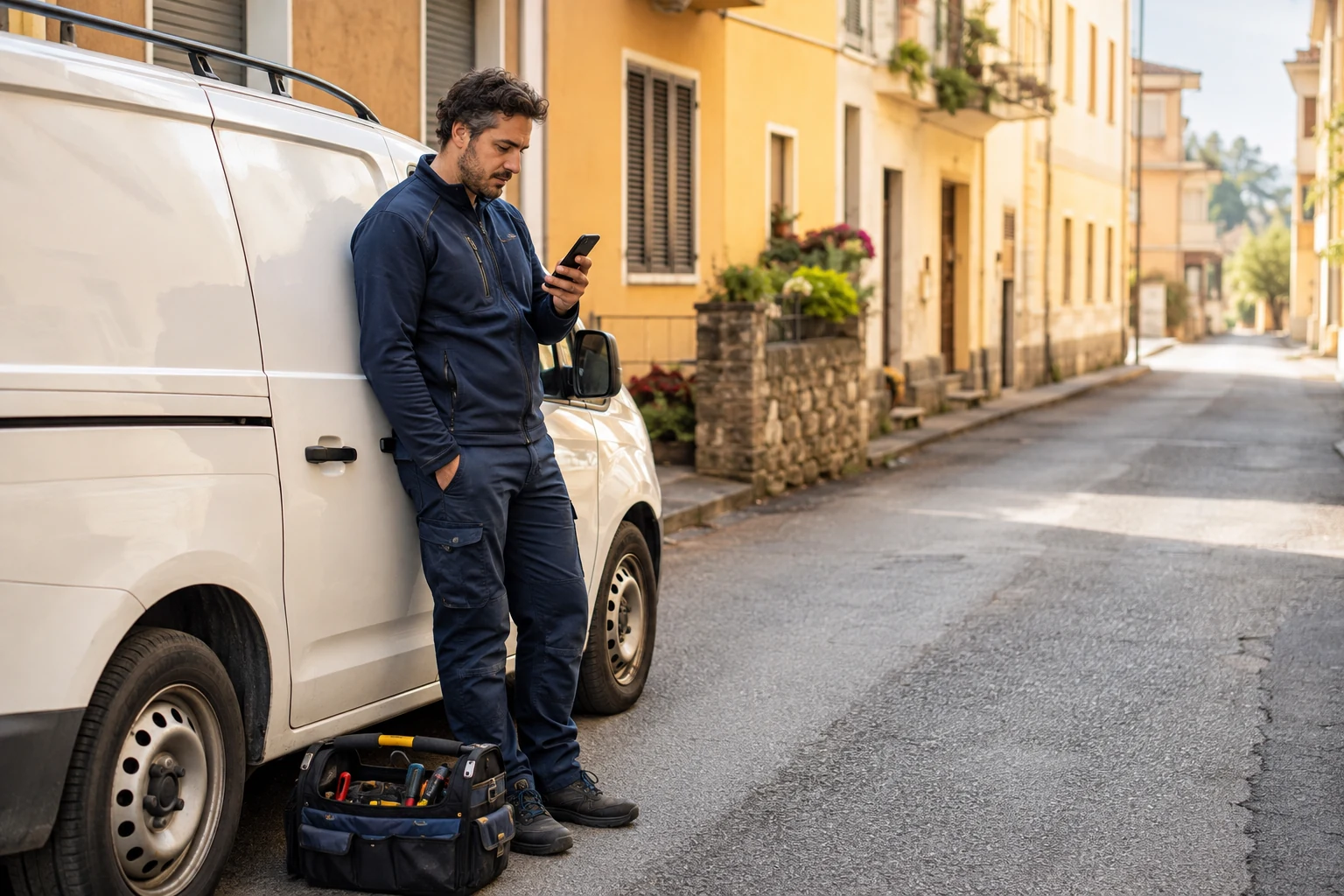 Tecnico in abiti da lavoro consulta il telefono accanto a un furgone e alla borsa degli attrezzi, in una strada residenziale.