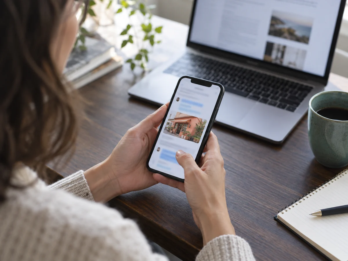 Una persona controlla sullo smartphone l’anteprima di un link condiviso, accanto a un portatile.