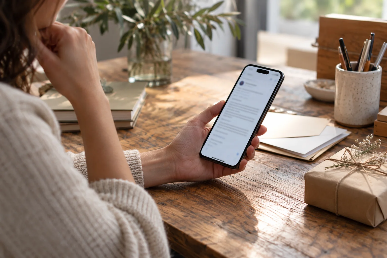 Una cliente consulta un’email sullo smartphone accanto a un pacchetto e alla cancelleria di un laboratorio artigiano.