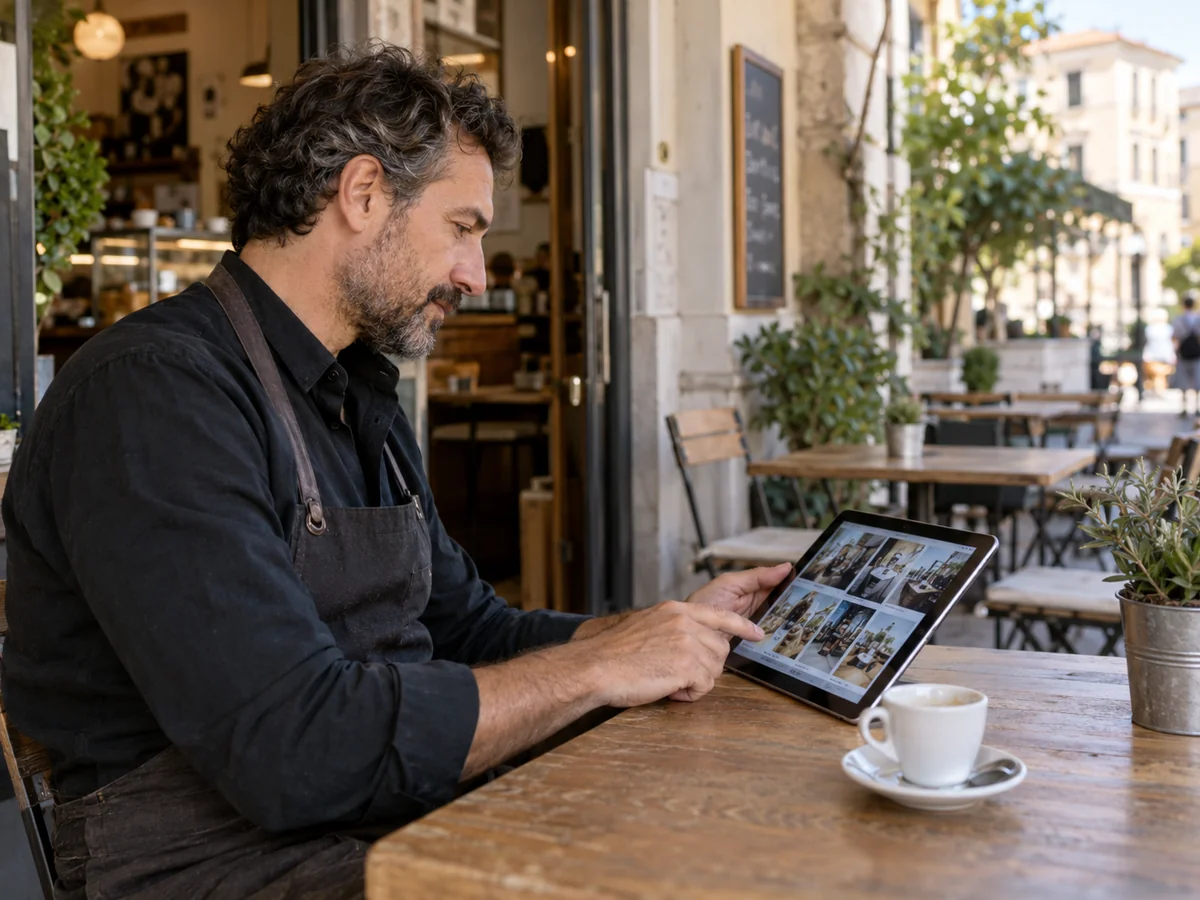 Gestore di un bar consulta le fotografie dei clienti su un tablet al tavolino della terrazza