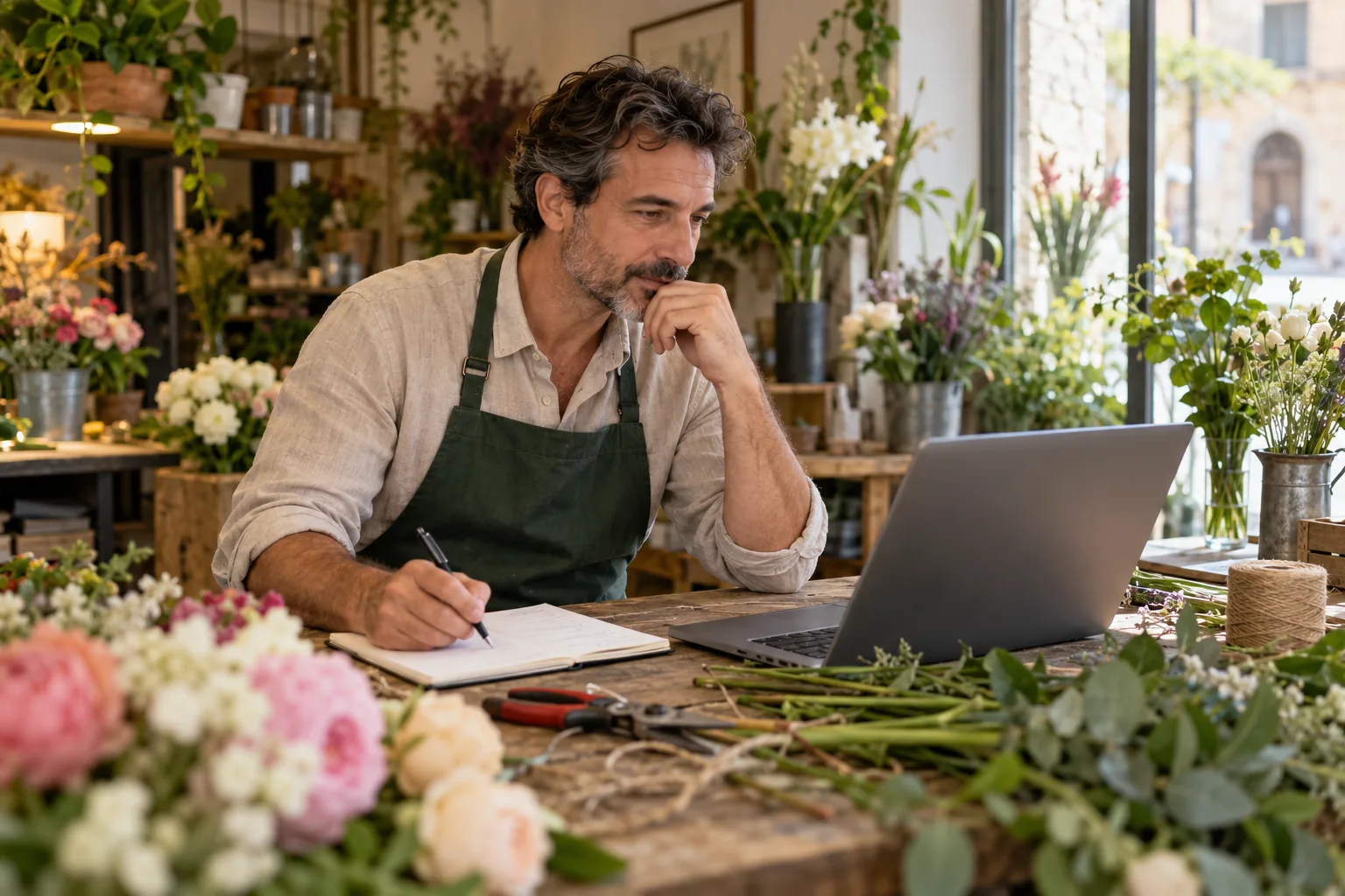 Fiorista esamina informazioni al computer sul banco di lavoro, con composizioni e materiali del negozio accanto.