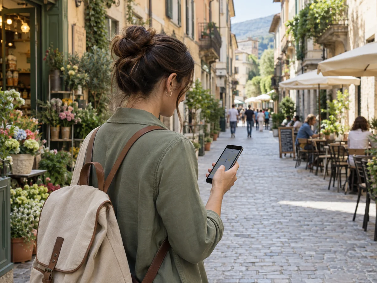 Persona che consulta una mappa sullo smartphone lungo una via con negozi e locali