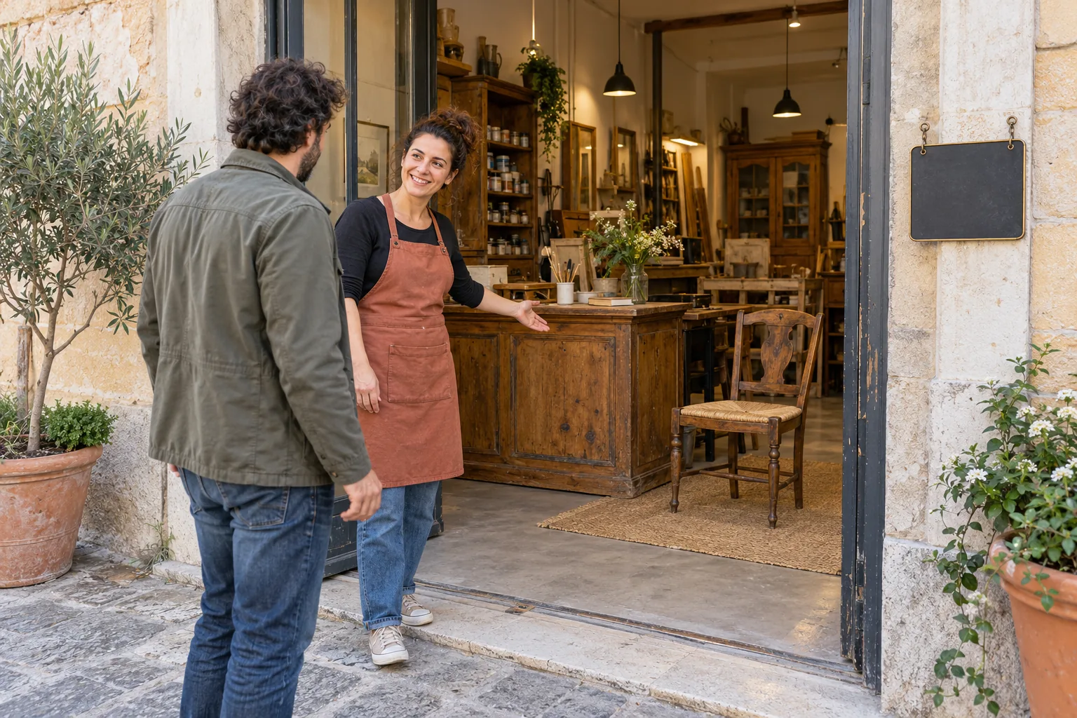 Artigiana accoglie un cliente all’ingresso del nuovo laboratorio aperto al pubblico.