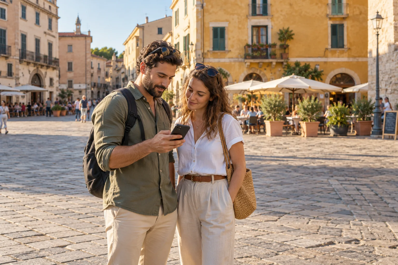 Una coppia consulta uno smartphone in una piazza italiana luminosa, davanti alle facciate di caffè e negozi.