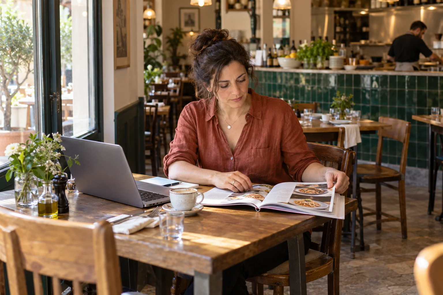 Titolare di un ristorante consulta una rivista gastronomica e un portatile a un tavolo vicino alla finestra.
