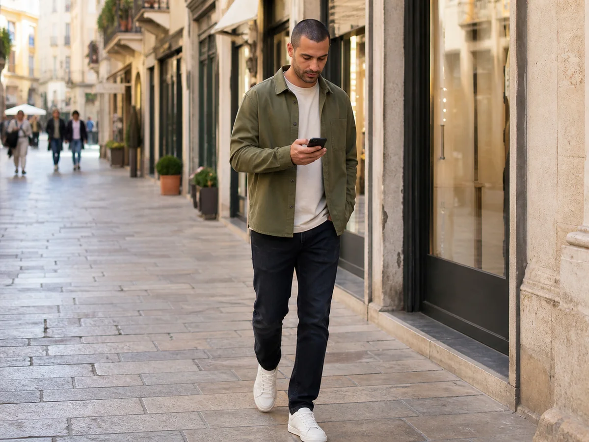Uomo che consulta lo smartphone lungo una strada commerciale con negozi e vetrine