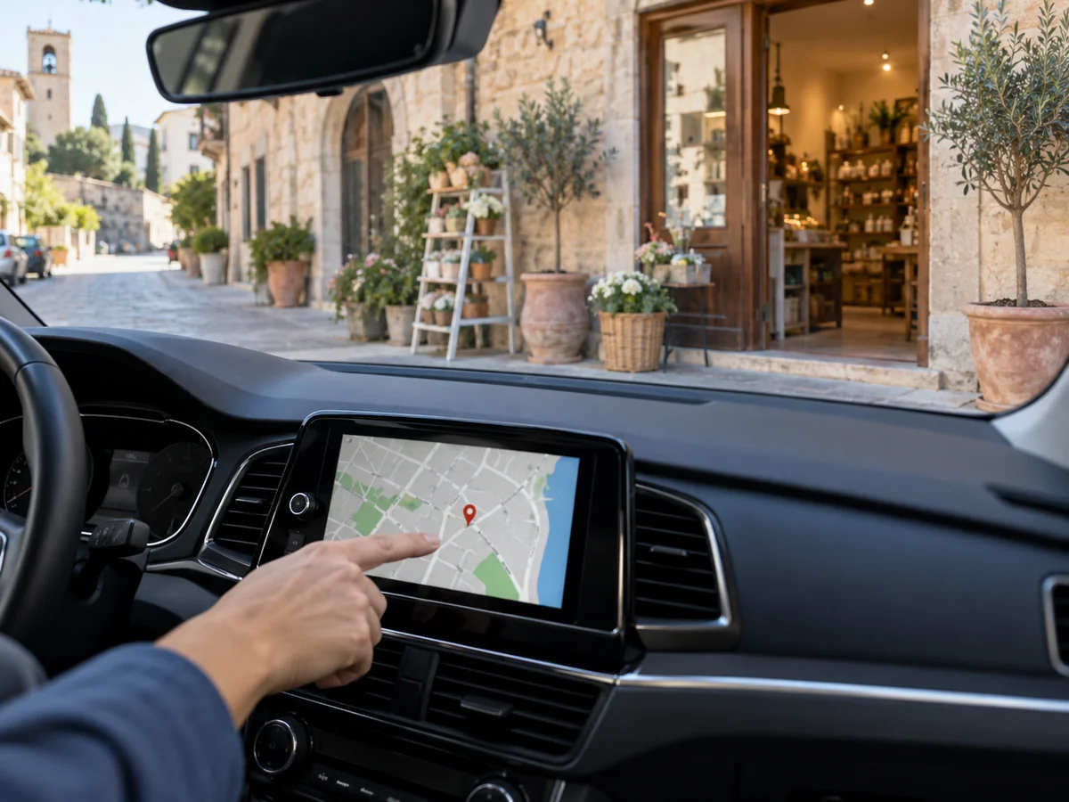 Una persona controlla il navigatore sul cruscotto di un’auto ferma davanti all’ingresso di un’attività italiana