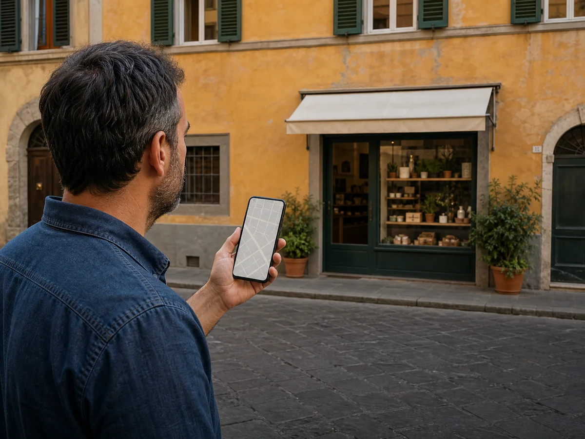 Titolare cerca la propria attività sulla mappa davanti al negozio