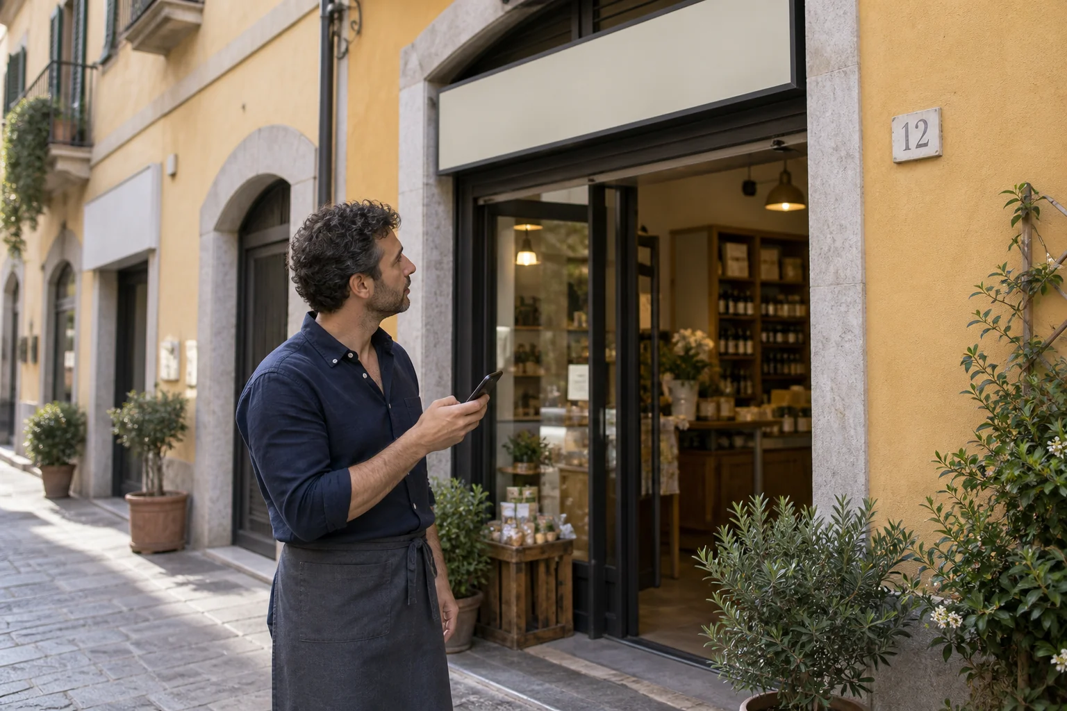 Un commerciante controlla lo smartphone davanti all’ingresso del proprio negozio in una strada italiana.