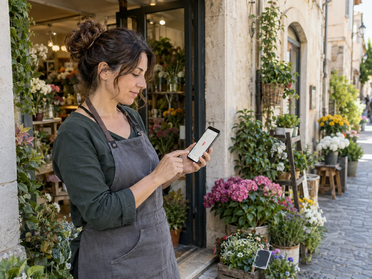 Una fioraia controlla una mappa sullo smartphone davanti al proprio negozio di fiori