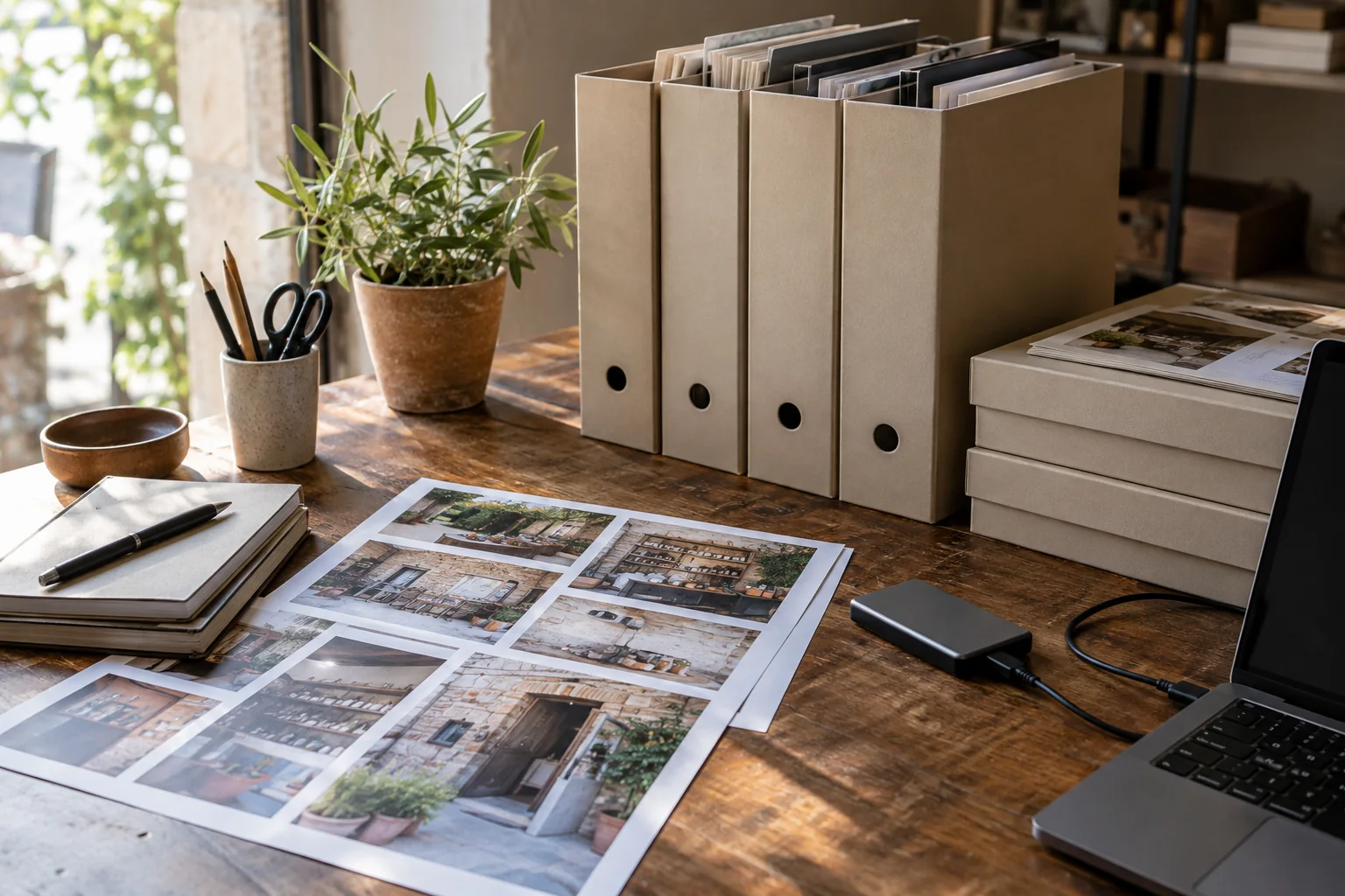 Raccoglitori, fotografie stampate e un’unità di memoria esterna collegata a un computer sulla scrivania.