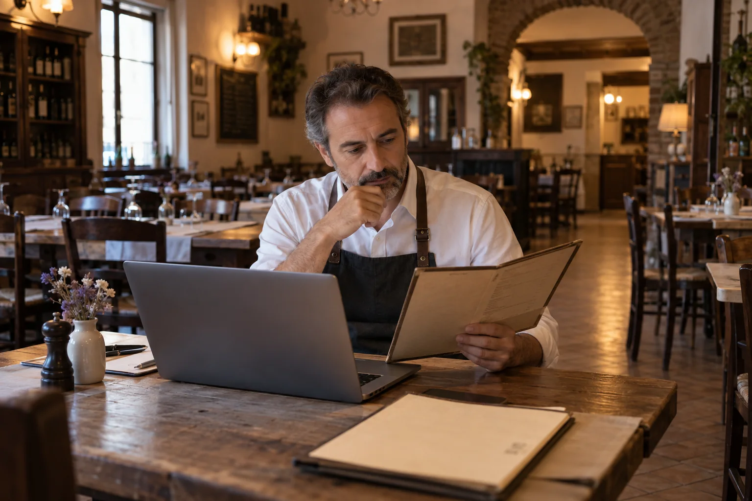Ristoratore confronta un menu cartaceo con le informazioni aperte sul portatile.