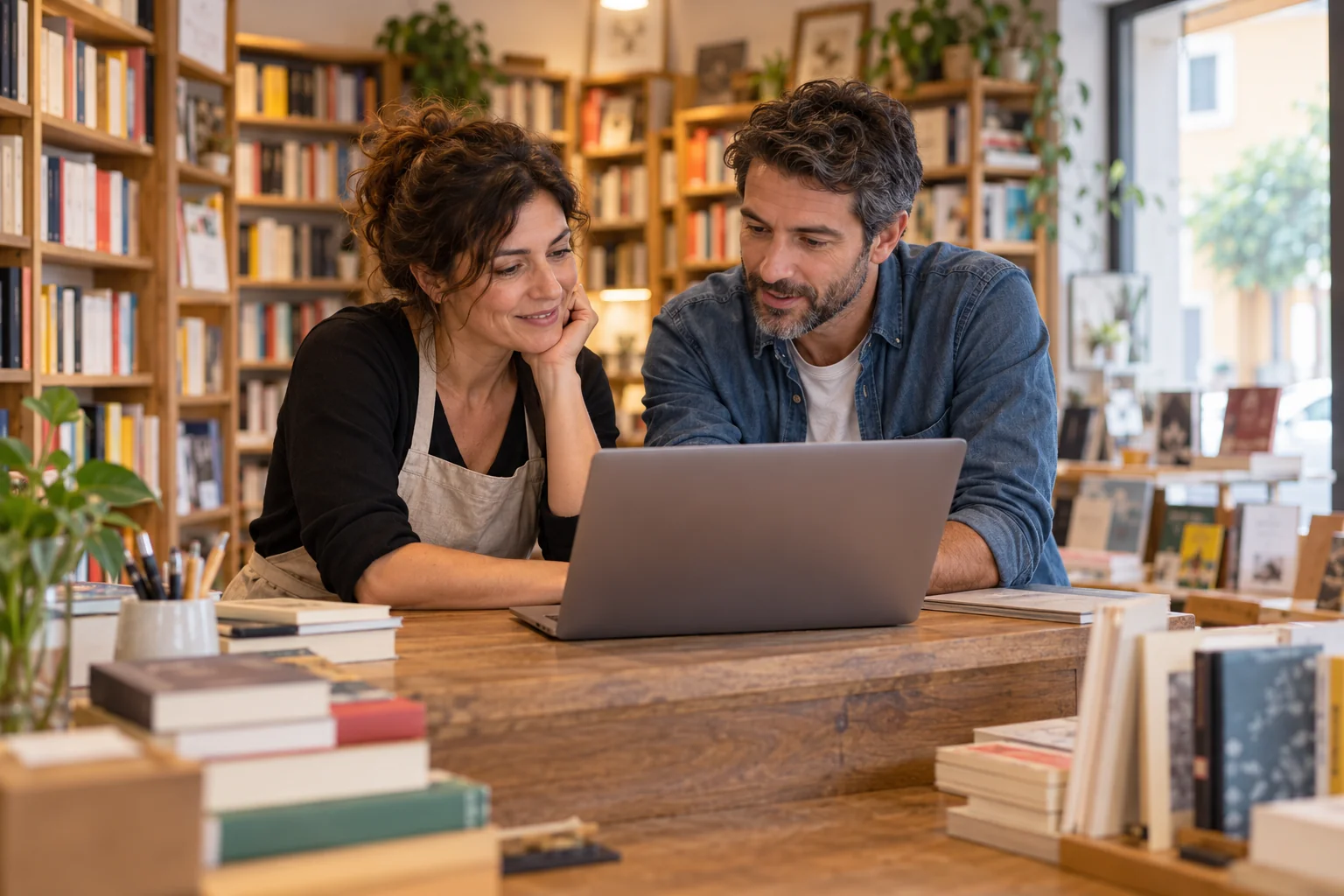 Titolare di una libreria e consulente controllano un computer portatile al banco