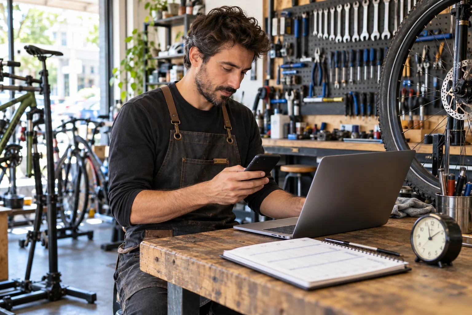 Titolare di un’officina per biciclette confronta smartphone e portatile sul banco di lavoro per controllare gli orari dell’attività.