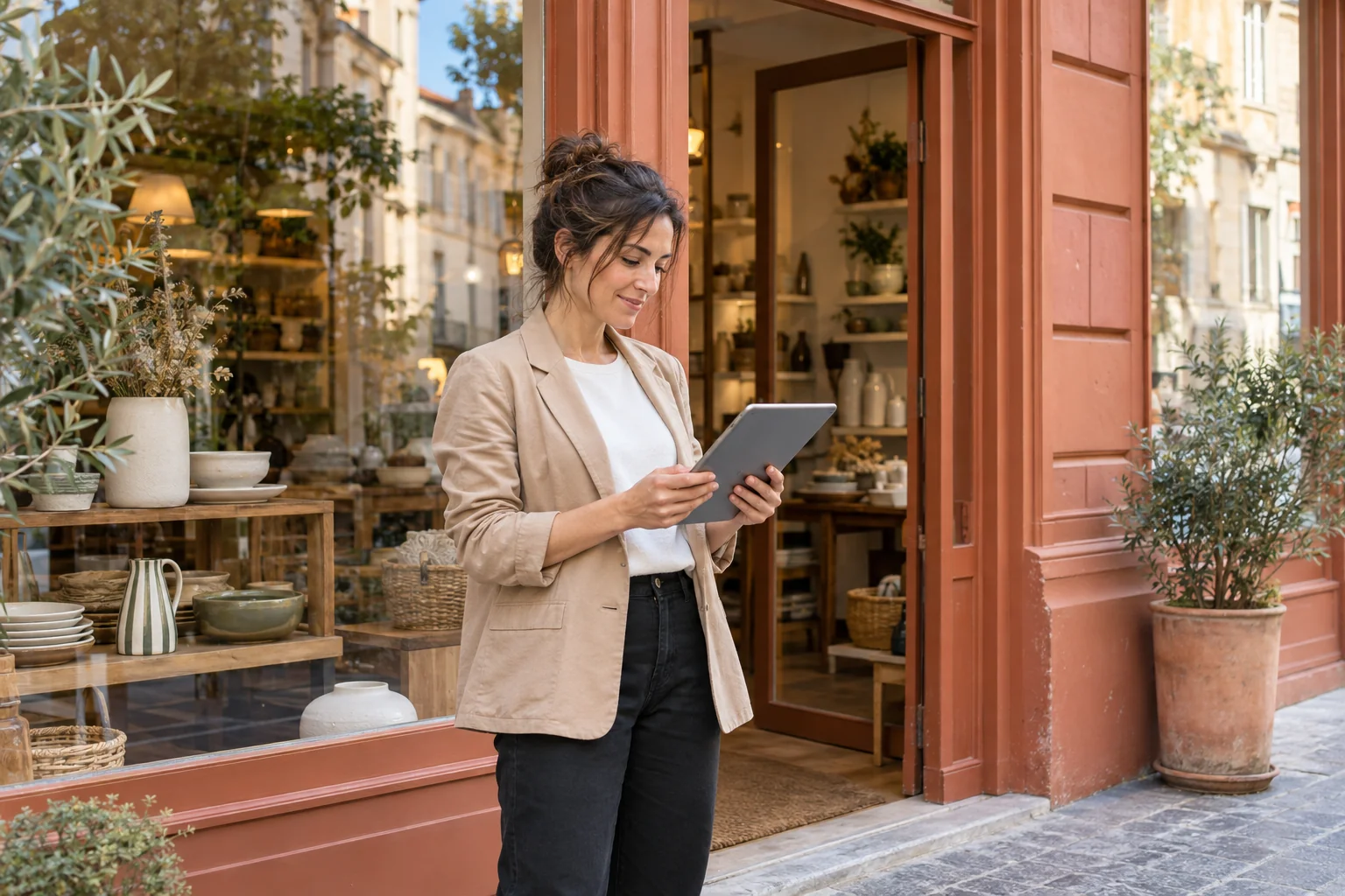 Imprenditrice controlla un tablet davanti alla vetrina del proprio negozio