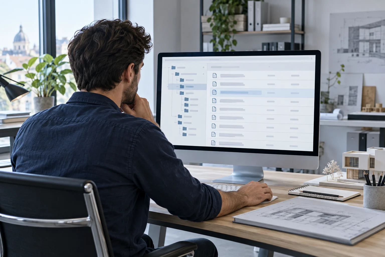 Un tecnico in uno studio di architettura controlla una struttura di cartelle e pagine visualizzata sul monitor