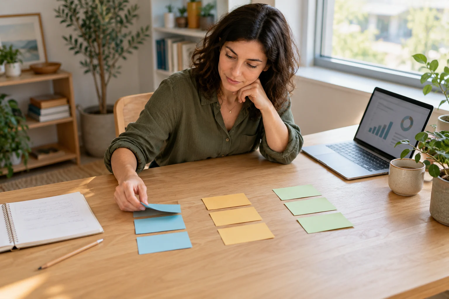 Una professionista organizza cartoncini per argomento accanto a un portatile e a un quaderno di lavoro