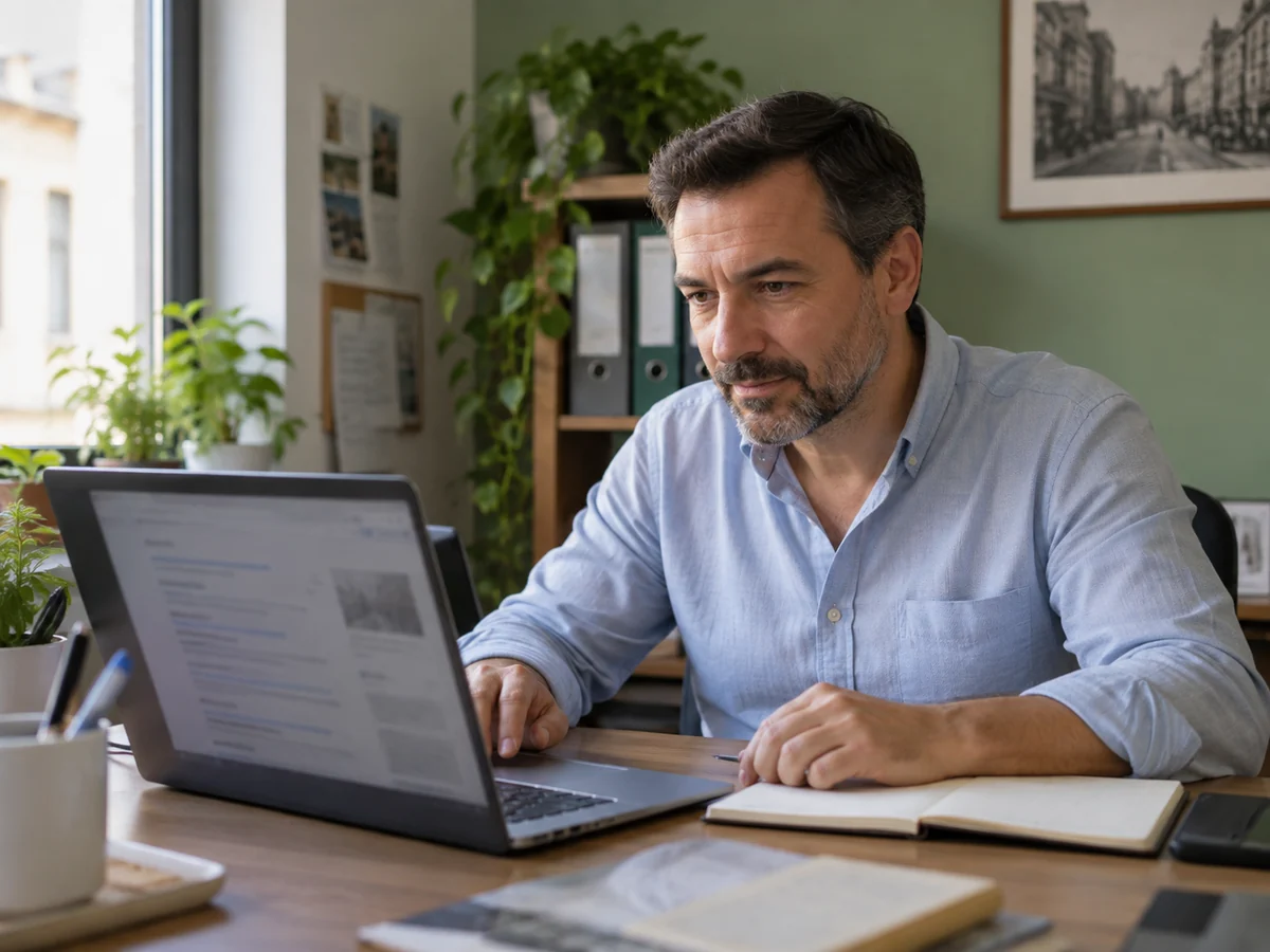 Titolare di una piccola attività che consulta il sito sul portatile in un ufficio con pareti verdi.