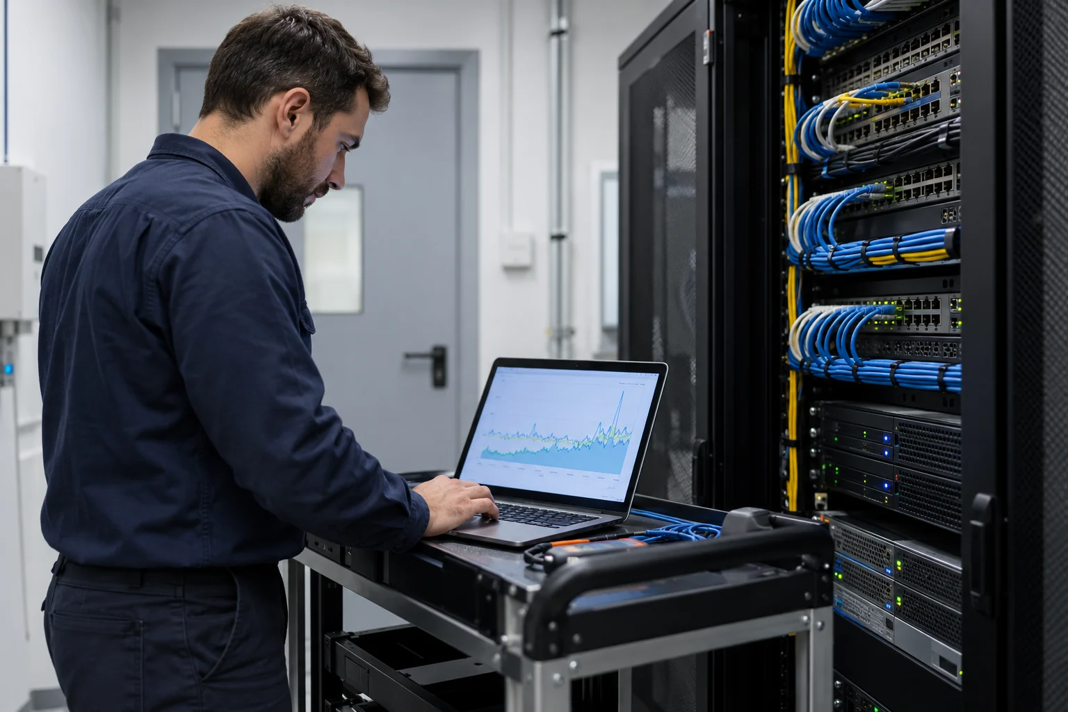 Tecnico controlla un portatile su un carrello davanti alle apparecchiature di una piccola sala server.