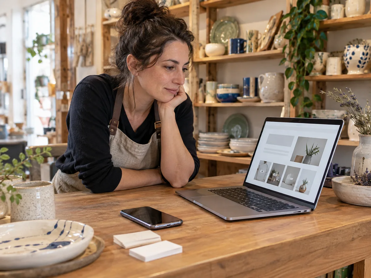 Titolare di un negozio di ceramiche osserva la bozza di un nuovo sito sul portatile, con telefono e biglietti sul banco