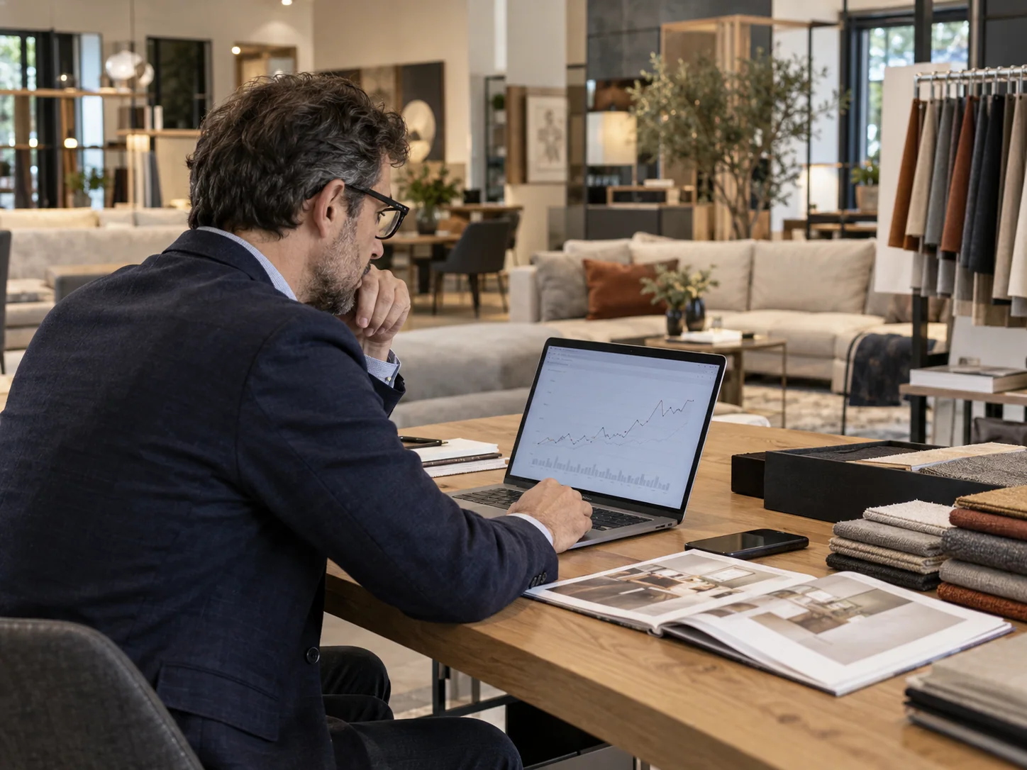 Imprenditore di un negozio di arredamento esamina un grafico sul laptop all’interno dello showroom