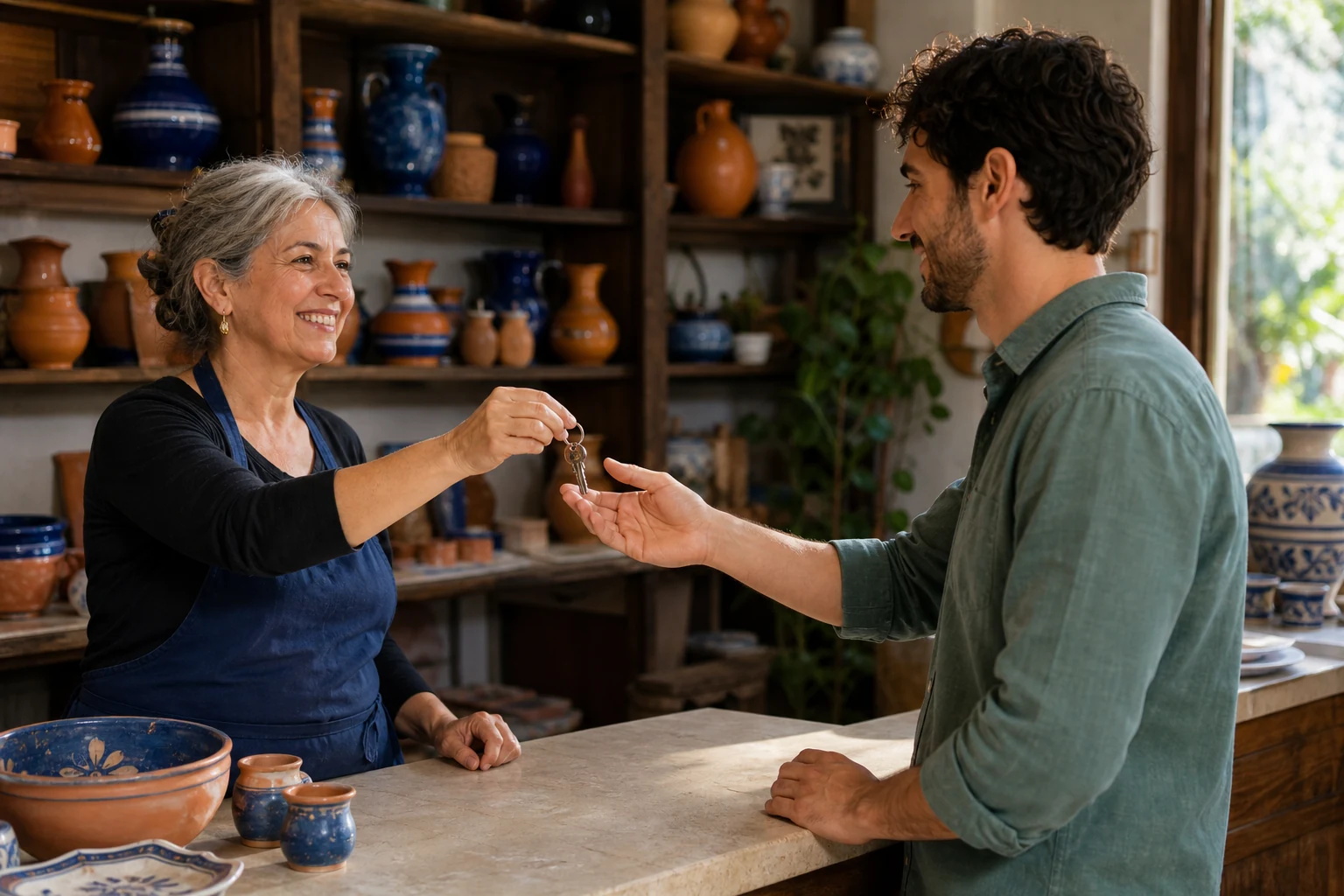 Una titolare anziana passa le chiavi a un giovane uomo al banco di un negozio di ceramiche.
