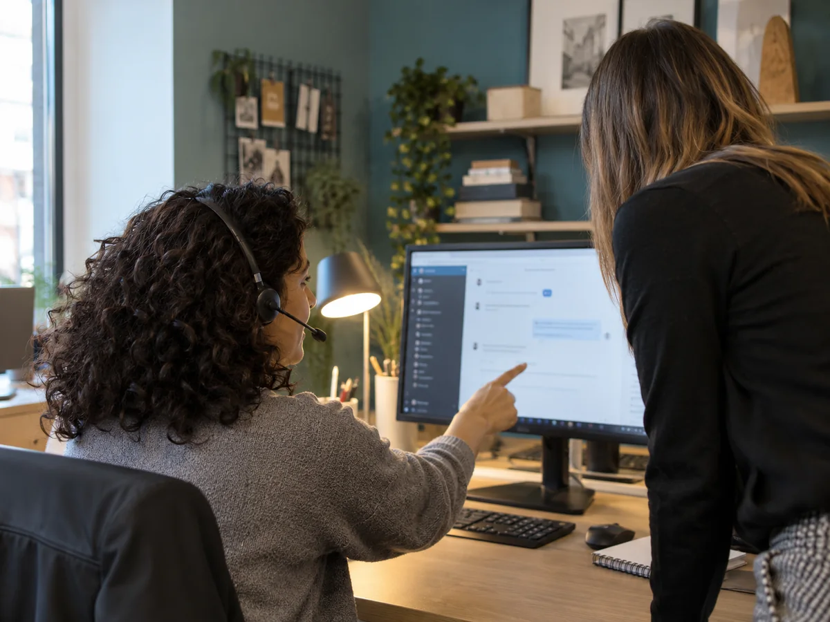 Operatrice dell’assistenza con cuffie che esamina una richiesta al computer e si confronta con un collega.