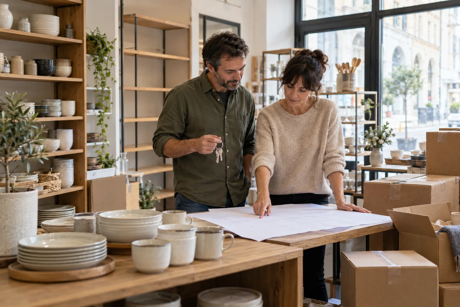 Due titolari organizzano il trasferimento di materiali da un punto vendita, accanto a scatole e scaffali parzialmente vuoti.