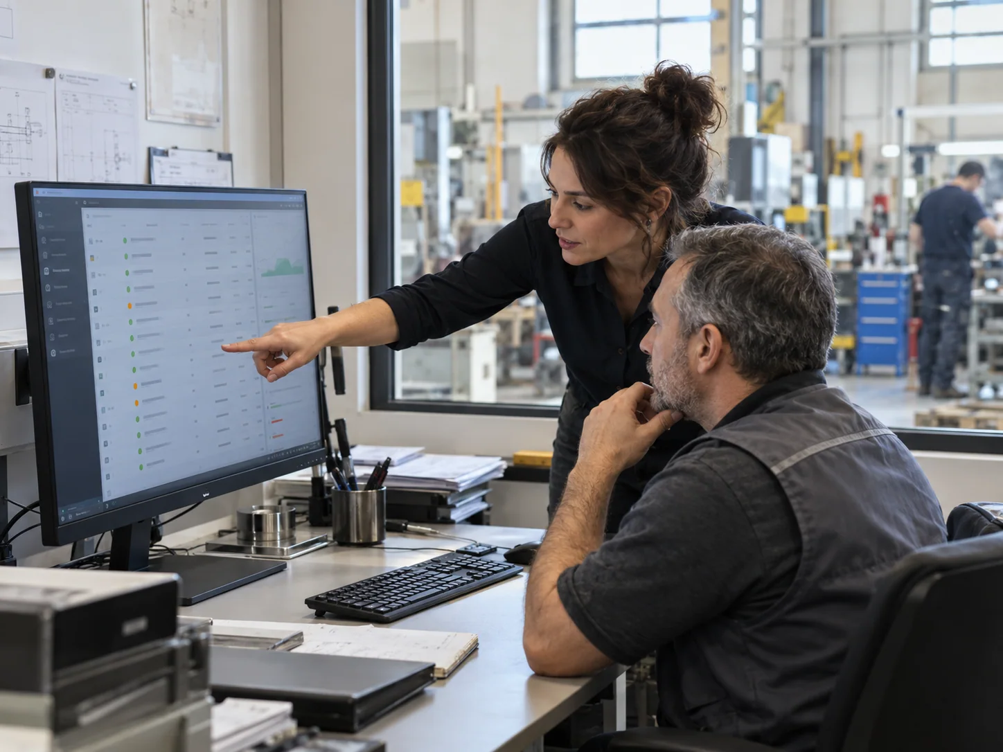 Consulente tecnico e titolare controllano al monitor le impostazioni di accesso al sito in un piccolo ufficio industriale.