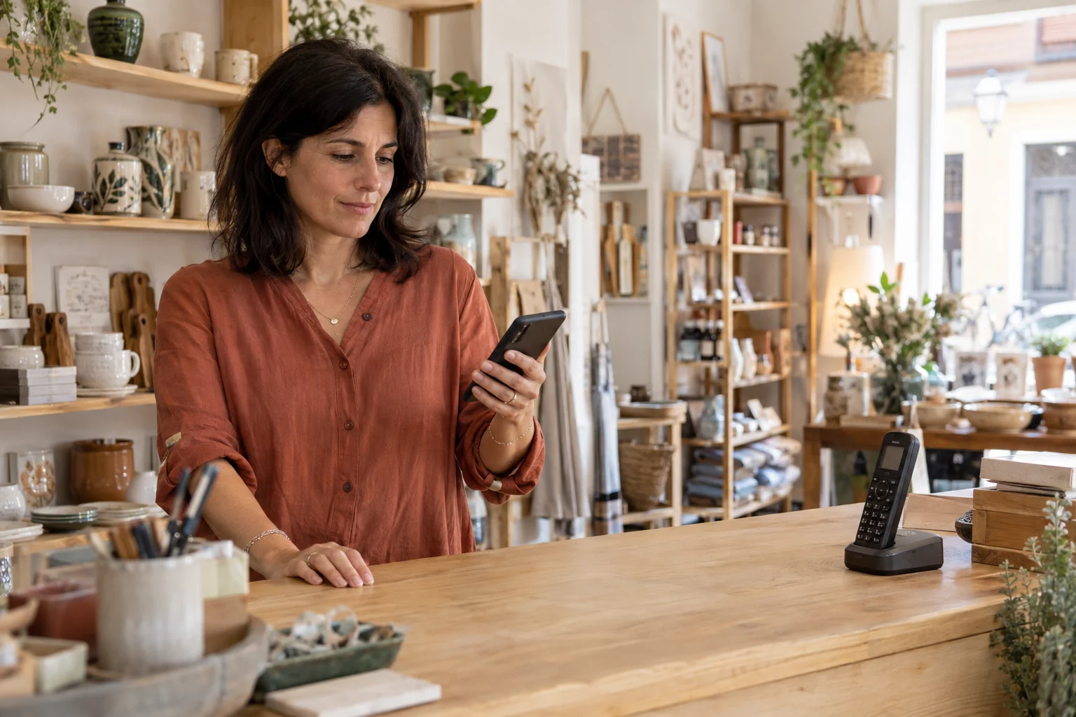 Titolare di un negozio con smartphone in mano al banco, accanto al telefono dell’attività.