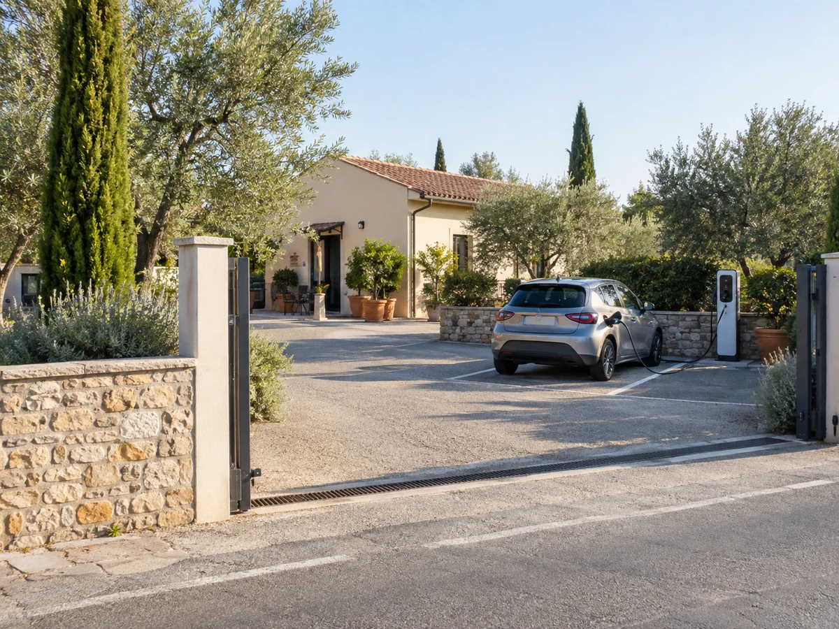 Auto elettrica collegata a una colonnina in un parcheggio italiano con ingresso carrabile visibile