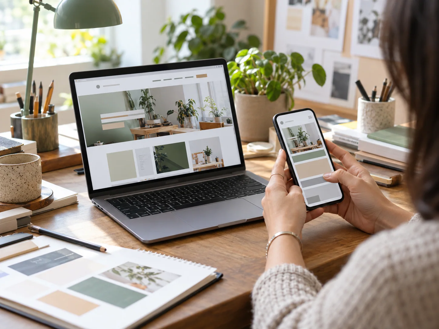 Mani che confrontano una pagina del sito sullo smartphone con la versione aperta sul laptop in uno studio grafico
