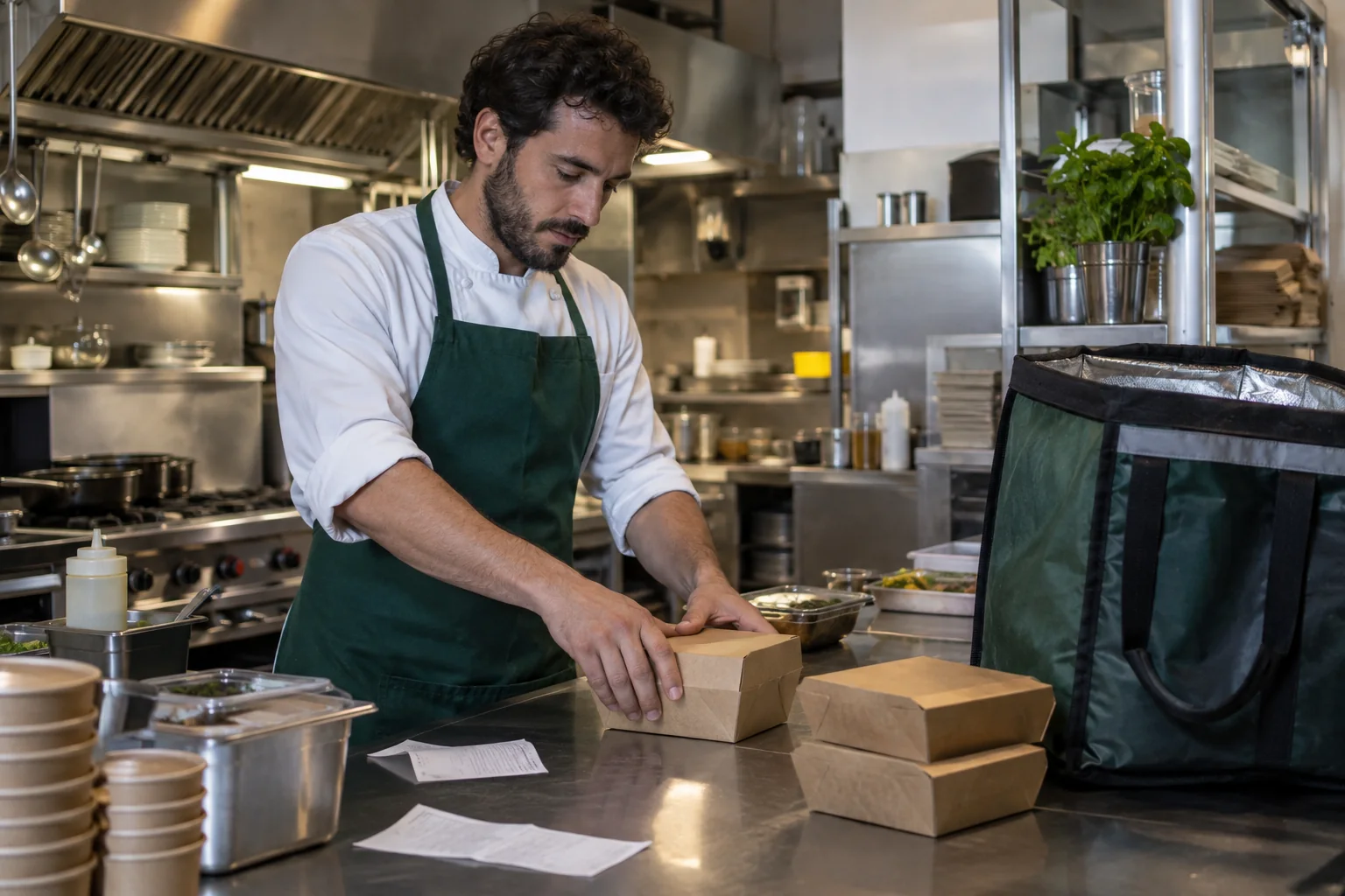 Un cuoco confeziona un ordine su un banco in acciaio accanto a una borsa termica per le consegne.
