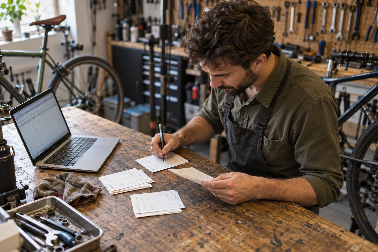 In un’officina di biciclette una persona analizza schede di manutenzione anonime e una tabella sul portatile.