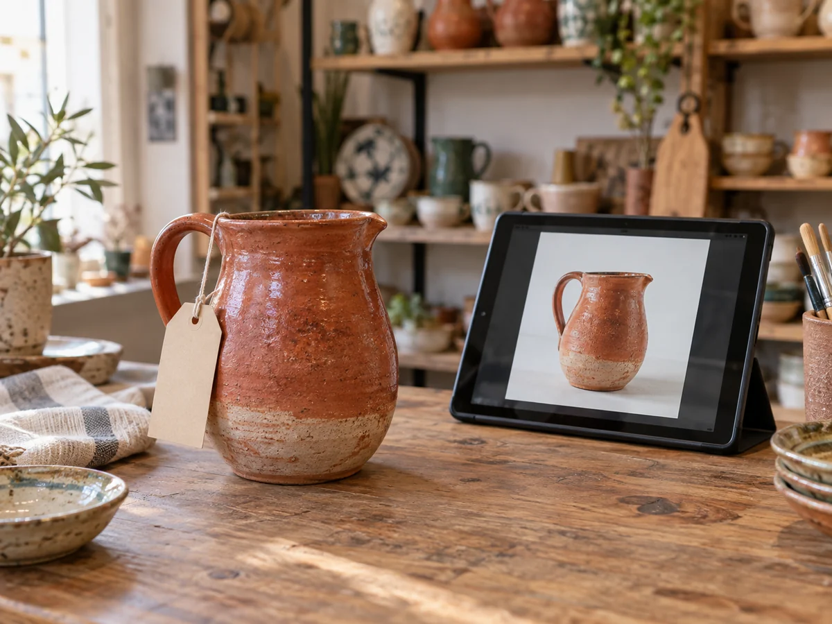 Caraffa in ceramica terracotta su un set fotografico con cartellino e tablet che mostra il prodotto