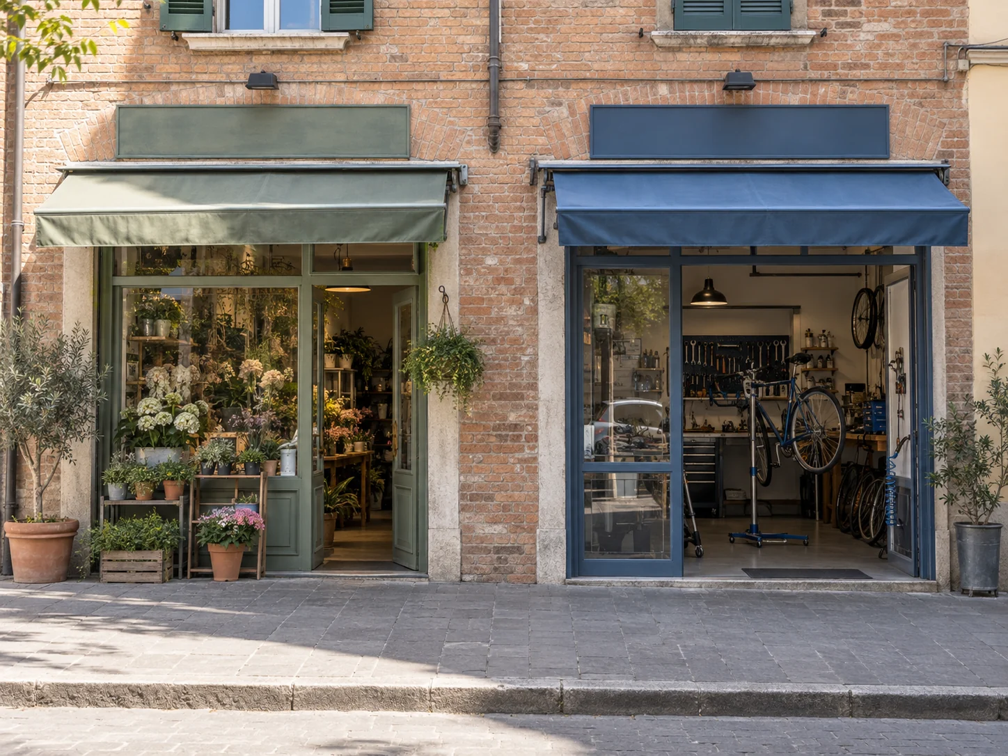 Fioraio e officina di biciclette con ingressi distinti al piano terra dello stesso edificio