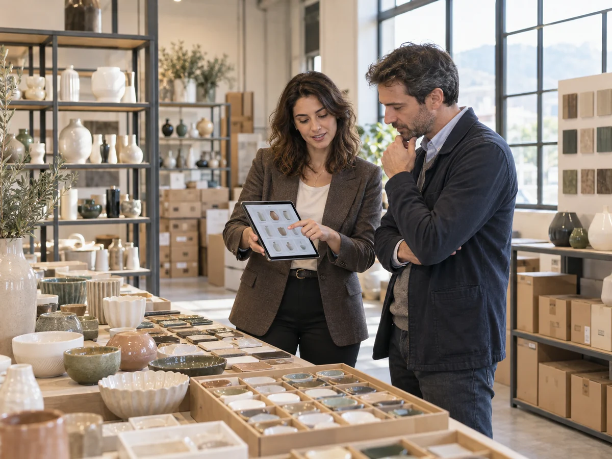 Un grossista e un rivenditore consultano insieme un catalogo prodotti su un tablet.