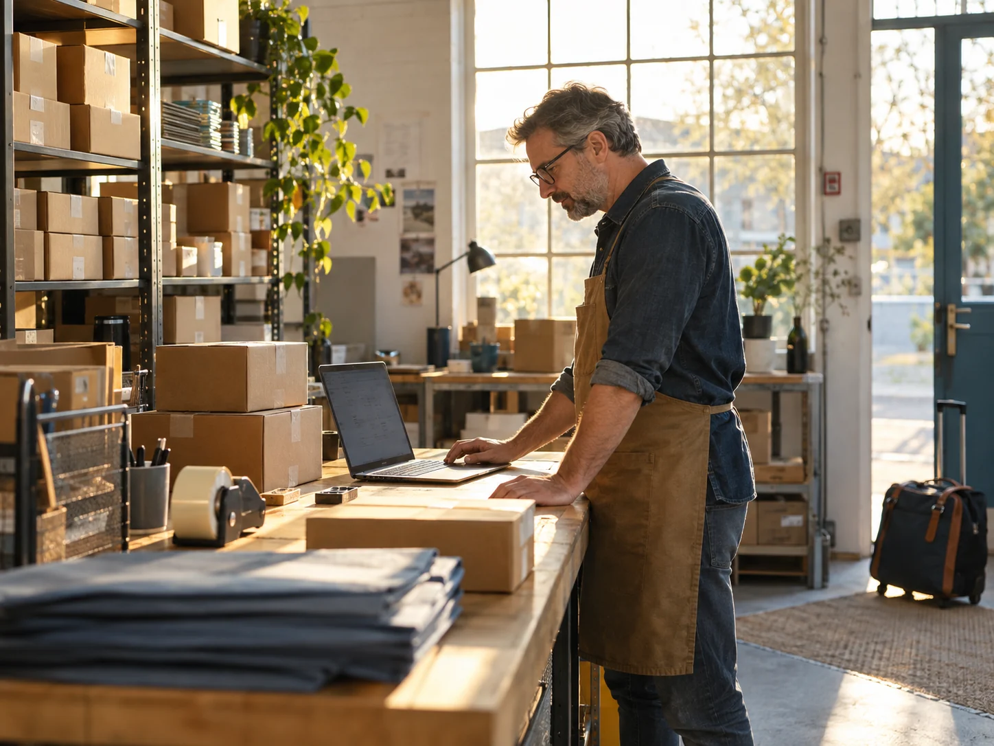 Titolare di un ecommerce che organizza il lavoro al computer nell’area di preparazione dei pacchi.