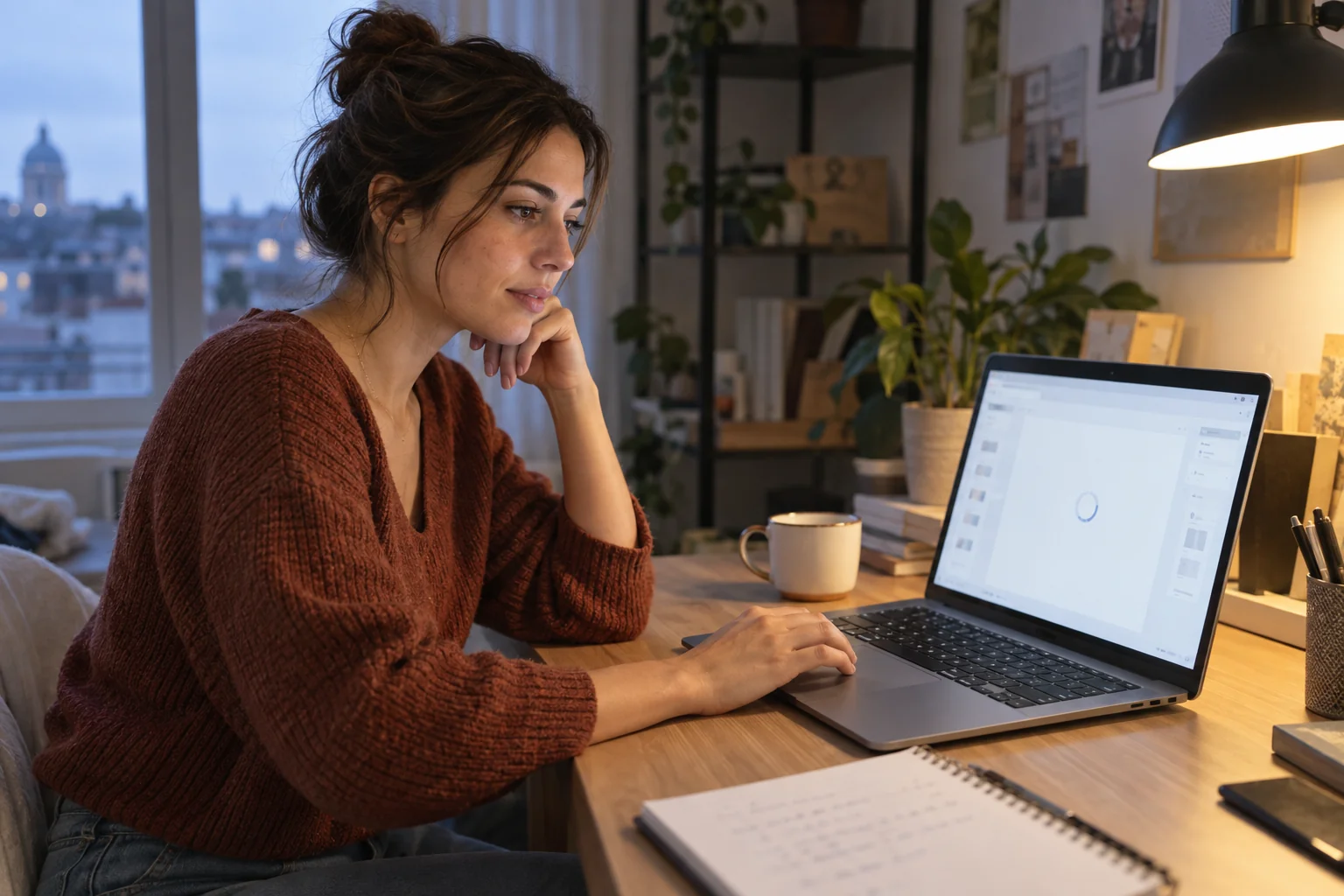 Professionista al lavoro con un portatile in uno studio illuminato da una lampada da tavolo
