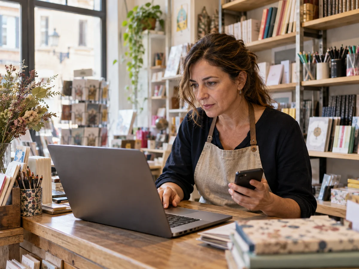 Titolare di una cartoleria controlla un messaggio sul laptop accanto al banco del negozio