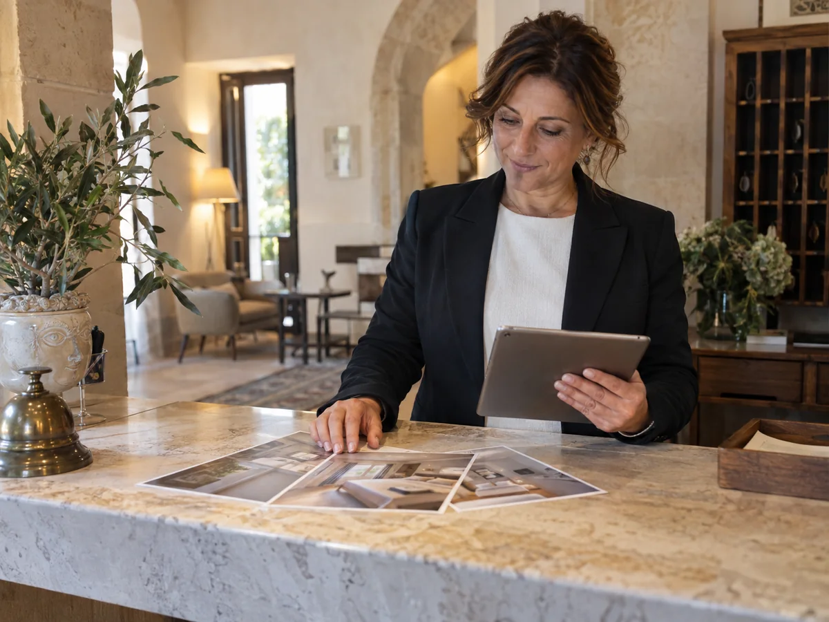 Responsabile di una struttura ricettiva che consulta un tablet e fotografie delle camere alla reception