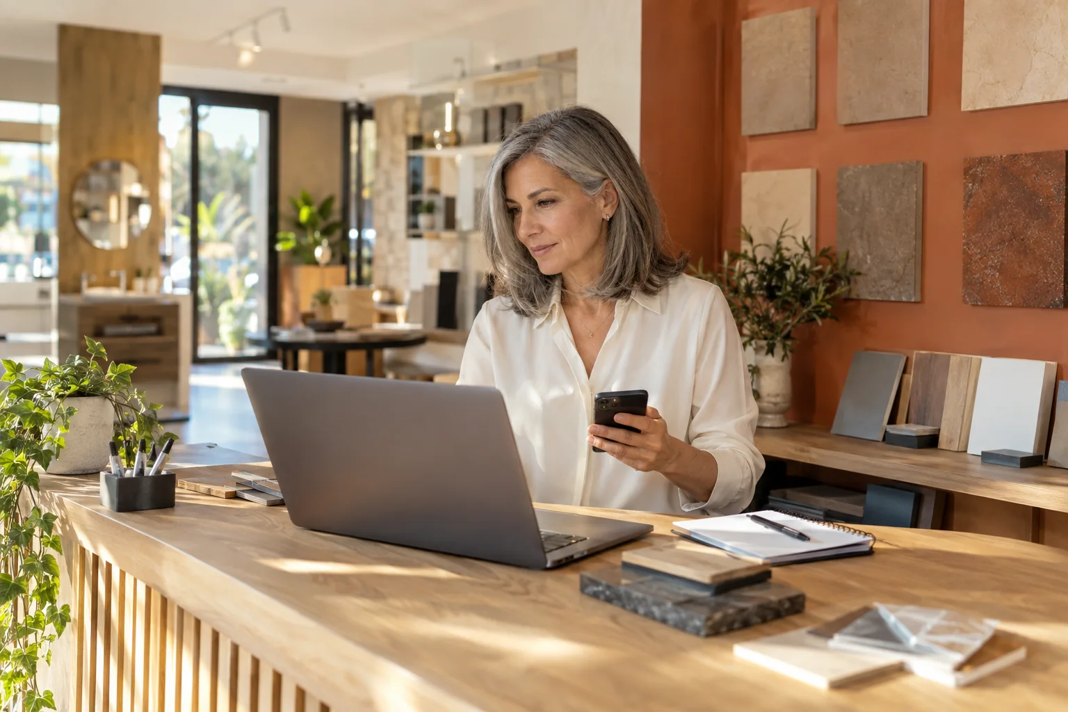 Responsabile di uno showroom di ristrutturazioni con capelli grigi e camicia crema confronta smartphone e laptop accanto a campioni di materiali
