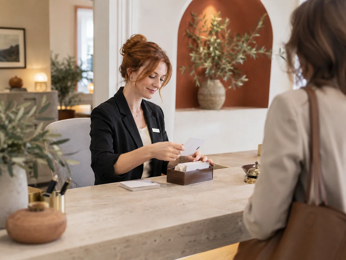 Addetta alla reception organizza su schede le domande ricevute dai clienti per preparare risposte chiare.