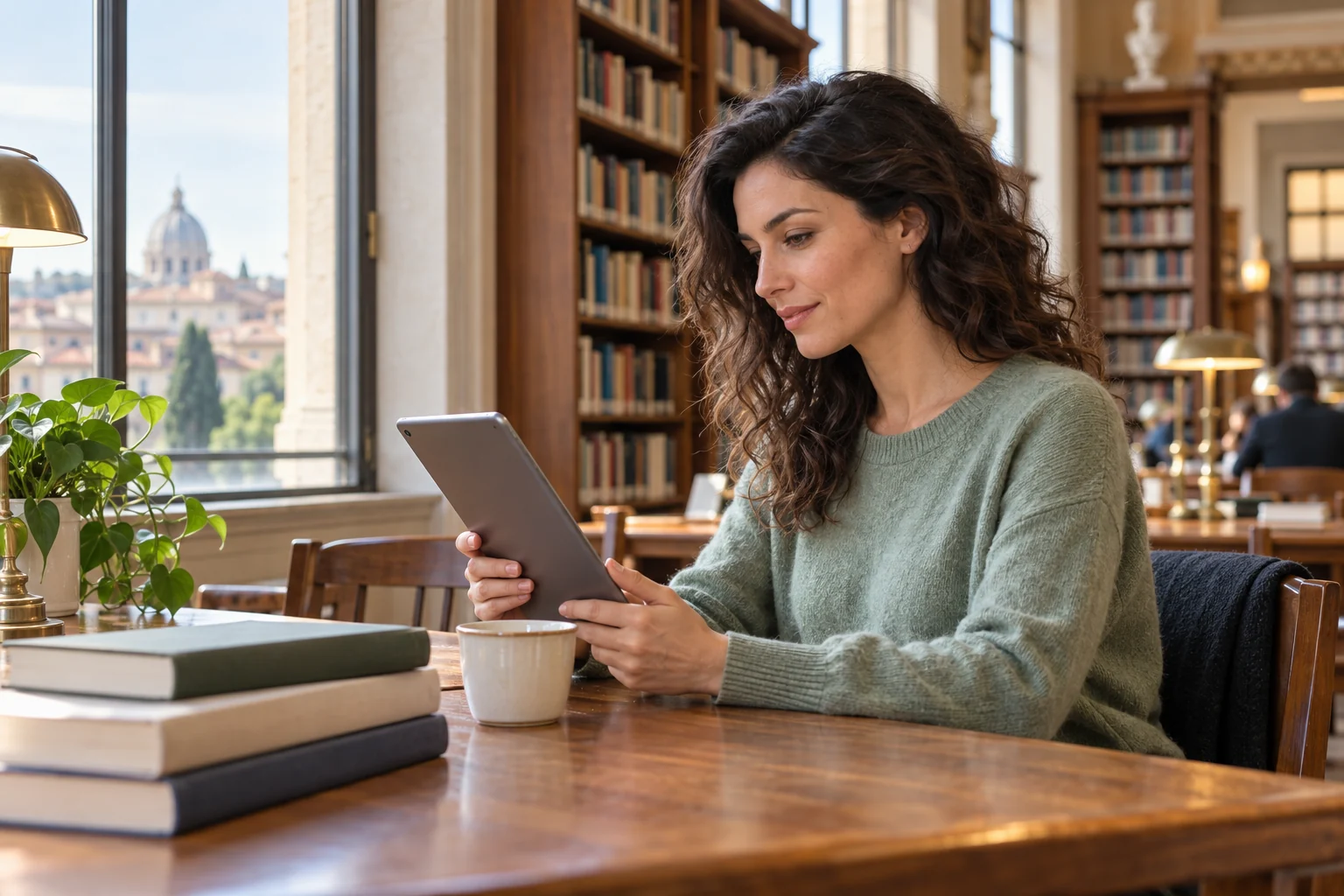 Una lettrice consulta un tablet seduta accanto a una finestra in un ambiente luminoso.