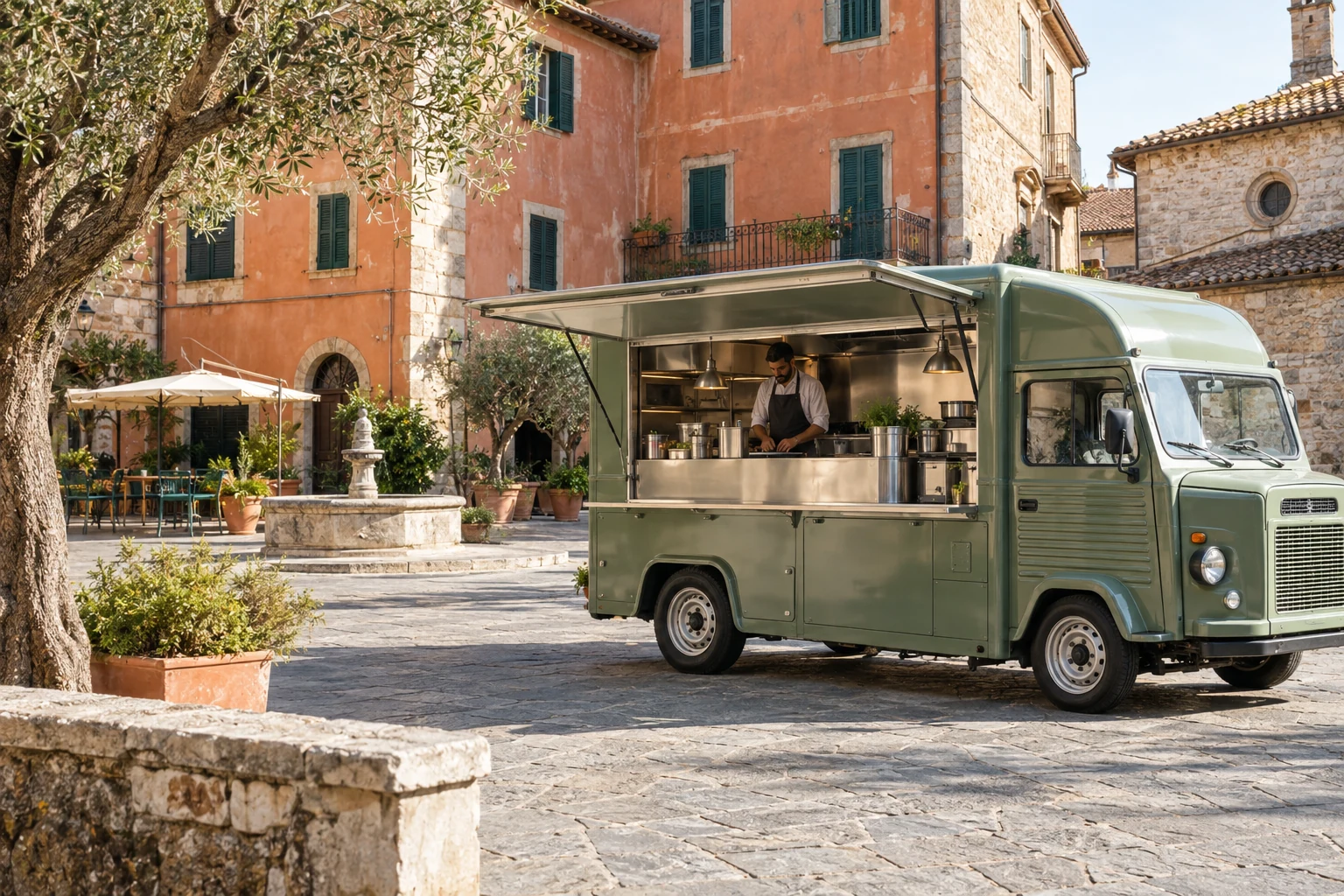 Food truck attrezzato per lo street food parcheggiato in una piazza italiana