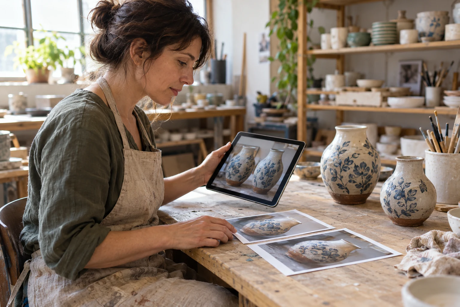 Una ceramista confronta sul tablet fotografie dei propri vasi con stampe originali disposte sul banco del laboratorio.